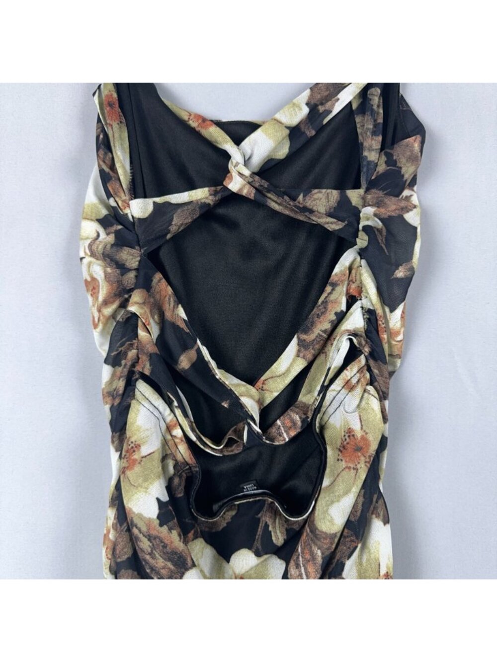 Lulus Ruched Dress Size Medium Mesh Floral Print Sleeveless Strappy Back Black - Picture 7 of 13